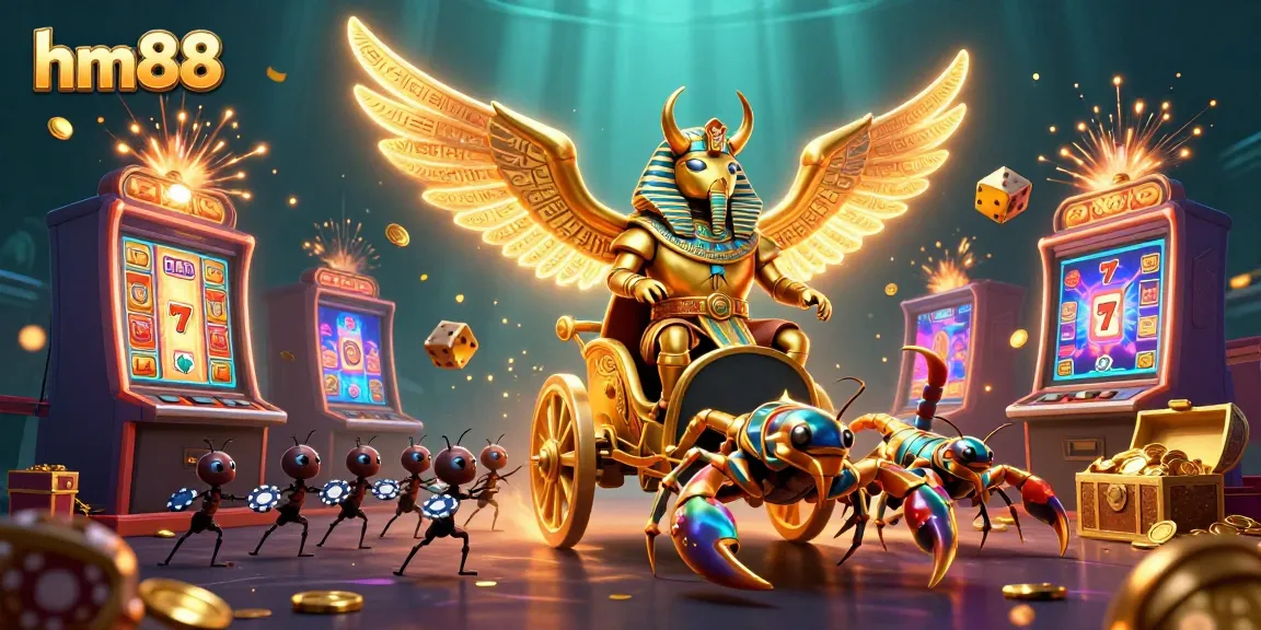 Experience the thrill at hm88 with this stunning casino-themed 3D illustration showcasing vibrant games and action.