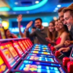 Rasakan keseruan Slot Game dengan mesin slot berwarna-warni dan pemain yang merayakan kemenangan.