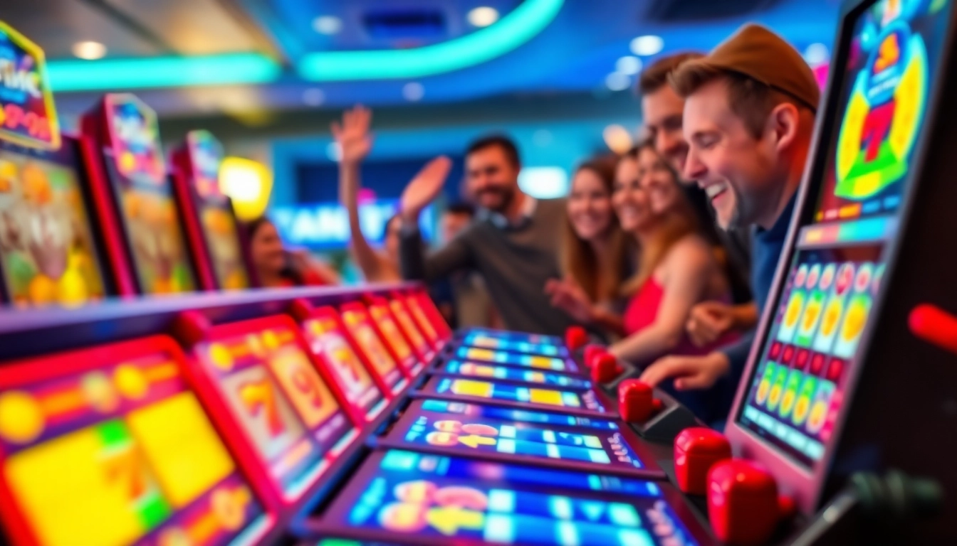 Rasakan keseruan Slot Game dengan mesin slot berwarna-warni dan pemain yang merayakan kemenangan.