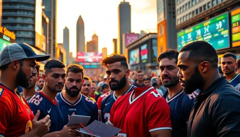 Engaged participants in sports betting actively reviewing odds and strategies in a vibrant setting.