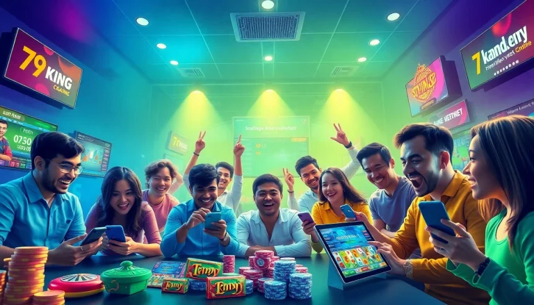 Jugadores diversos participando con entusiasmo en la plataforma de apuestas en línea 79king hn en un entorno moderno y vibrante.