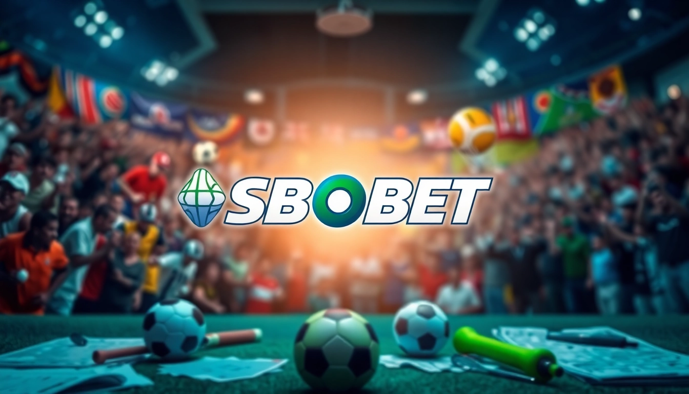 Taruhan SBOBET dengan logo profesional dikelilingi oleh aksi olahraga yang dinamis.