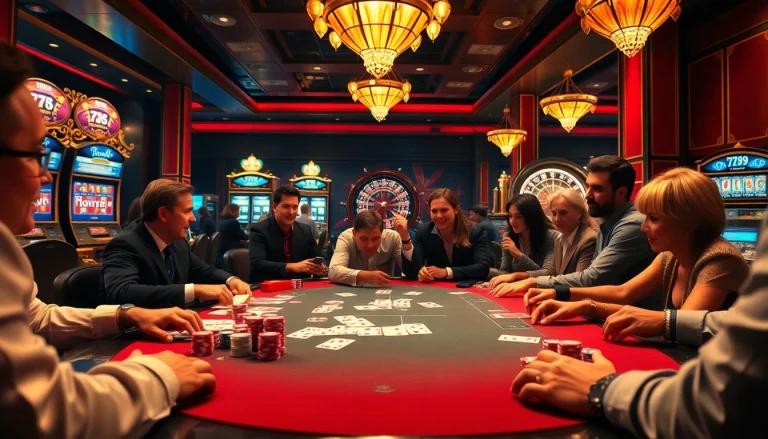 Experience the thrill of winning at 789 win poker table surrounded by excited players and vibrant casino elements.