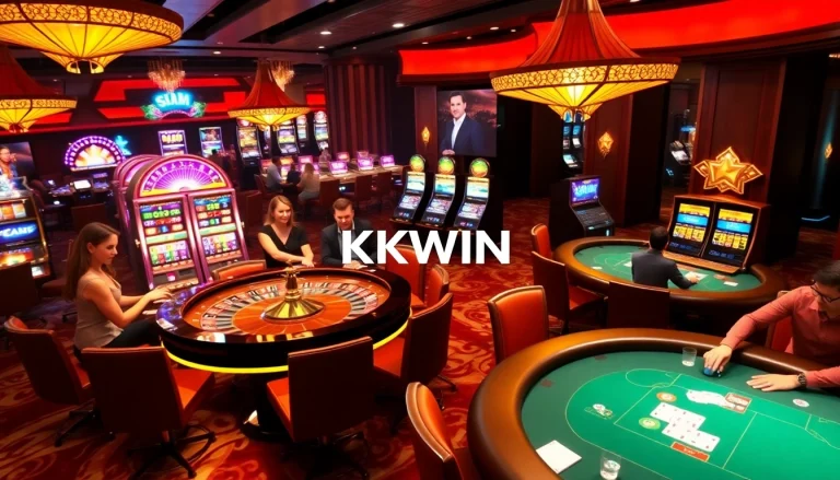 Thrilling gambling atmosphere at https://kkwin.co.com/ showcasing roulette and poker action with vibrant lights.