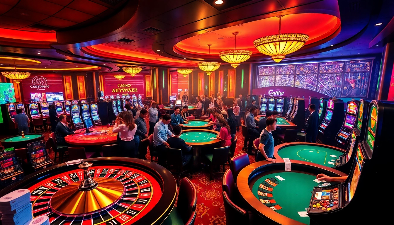 Experience the excitement of gambling at https://mm88.sa.com/ with a vibrant casino scene filled with players and gaming tables.