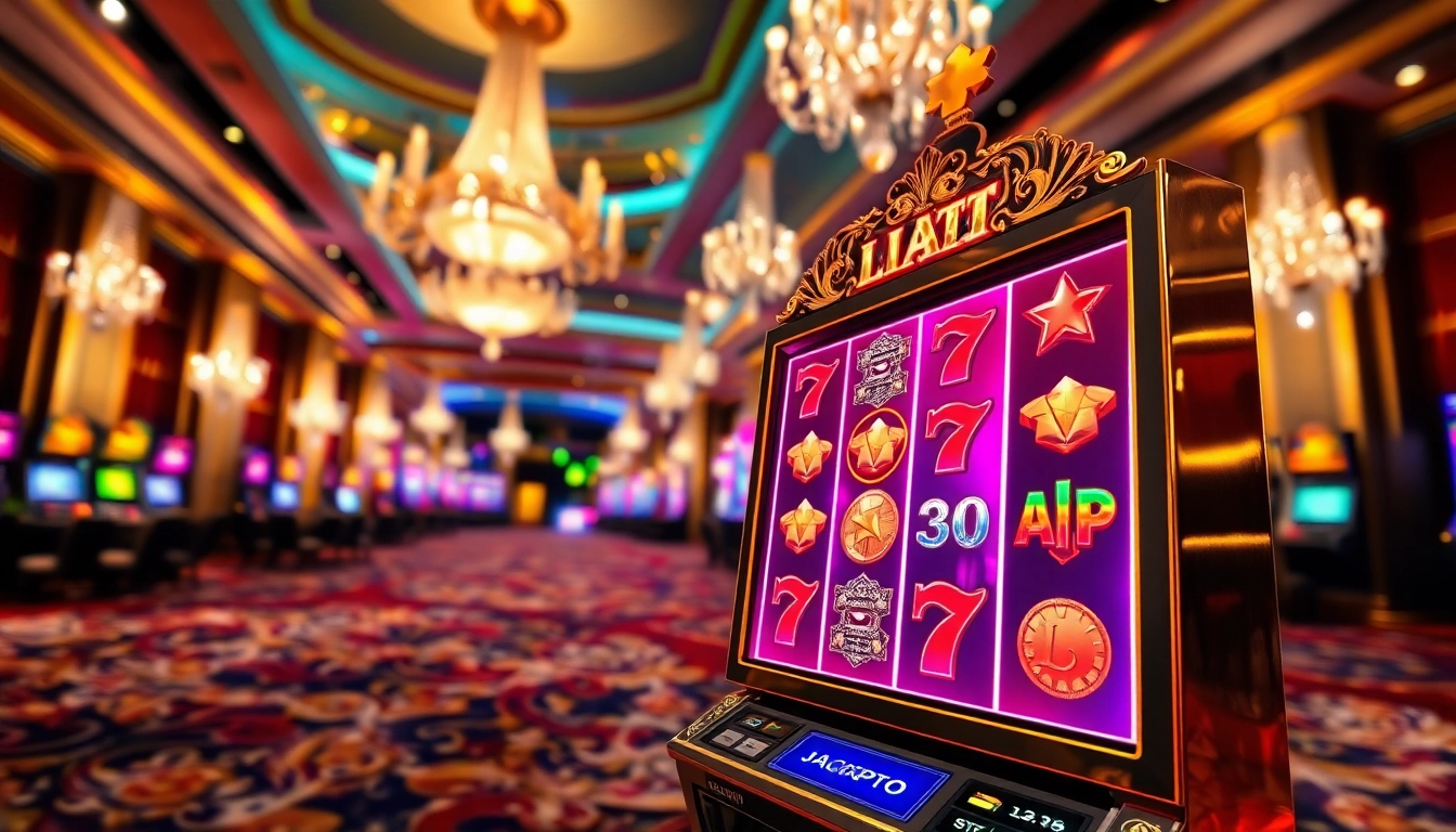 Mainkan luxury777 game dengan simbol slot berwarna cerah dan suasana kasino yang mewah.
