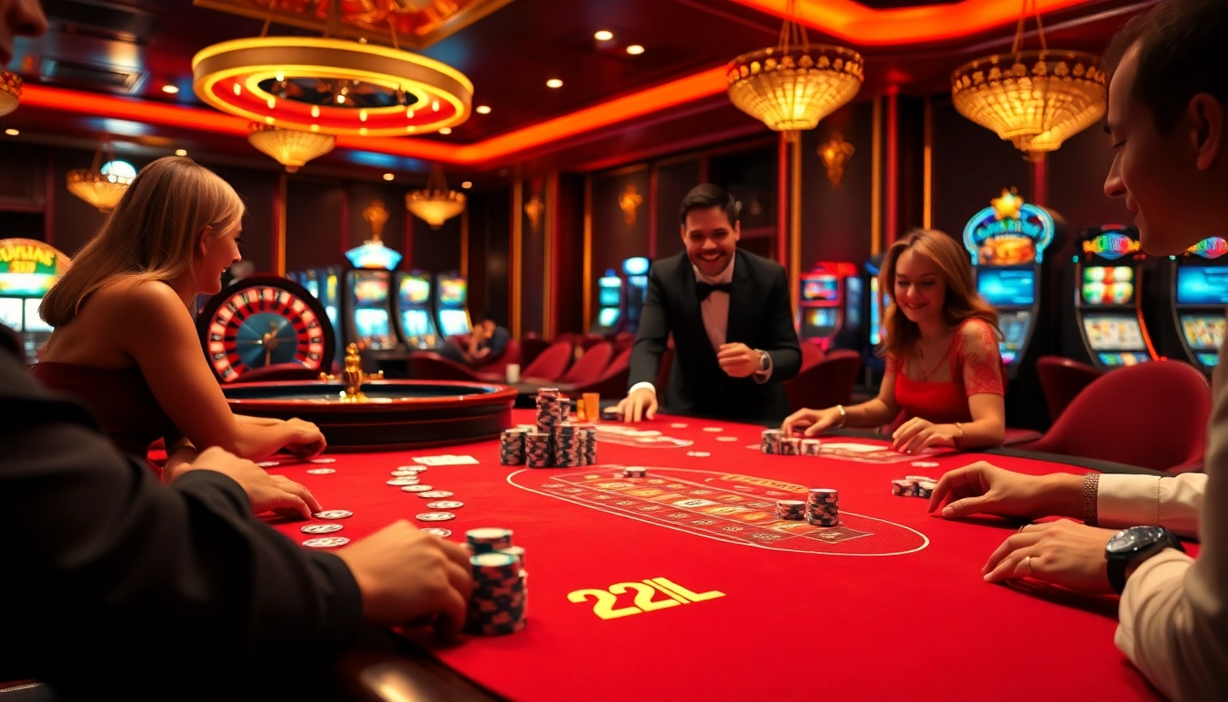 Exciting card game scene at a casino with 22JL branding, highlighting laughter and engagement.