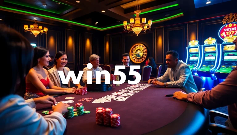 Players enjoying a thrilling poker game at win55 casino, surrounded by vibrant gaming elements.