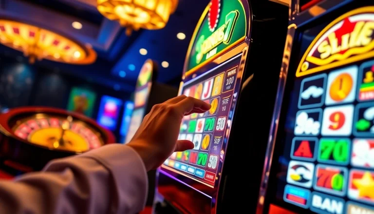 Players enjoy exciting online slots with colorful machines and vibrant casino elements.