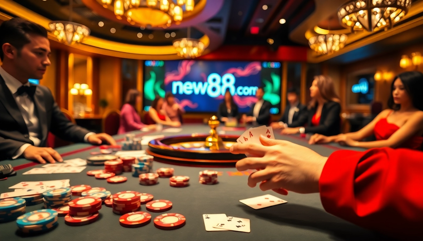 Exciting casino action at new88 com with poker chips and roulette wheel in a luxurious setting.