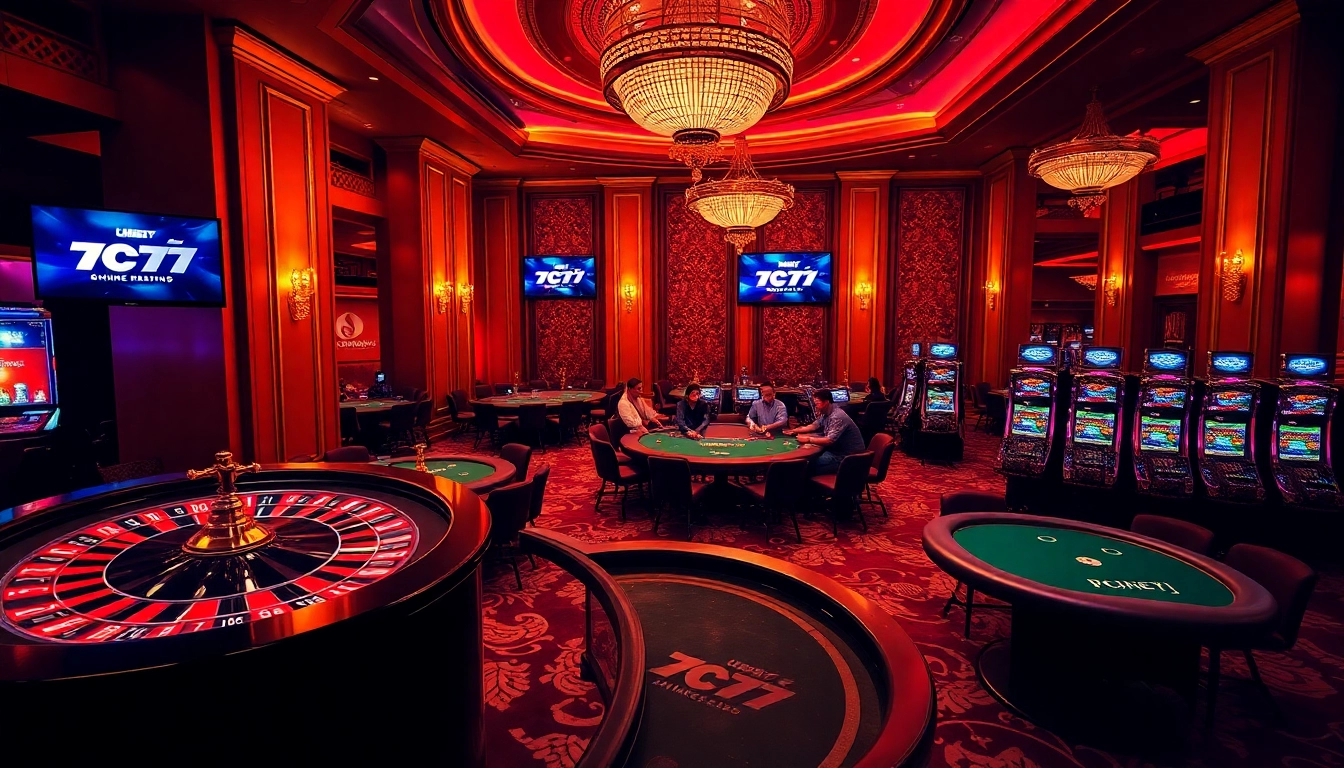 Experience the excitement of 7C77 Casino with lively players at roulette and poker tables.