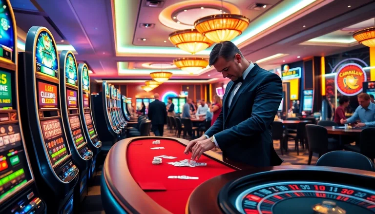 Experience the thrill of 5Z7779 at a luxurious casino with vibrant slot machines and engaging table games.