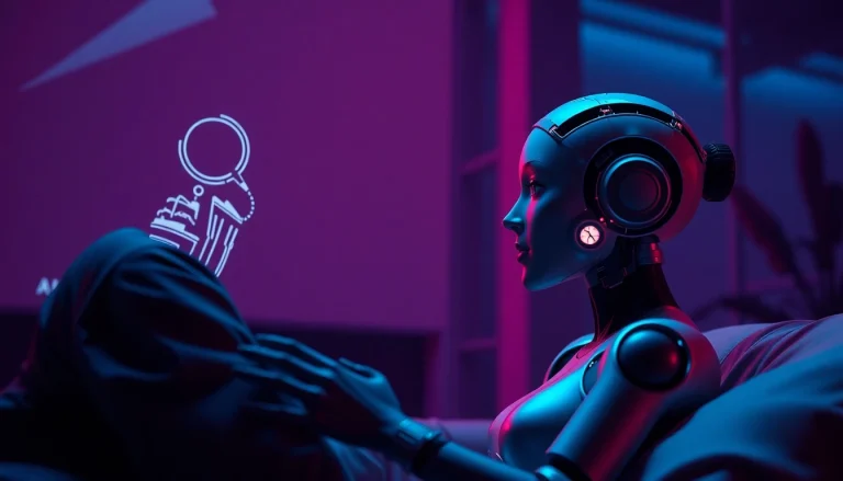 Engaging conversation in a sex ai chat with a friendly AI companion in a futuristic setting.