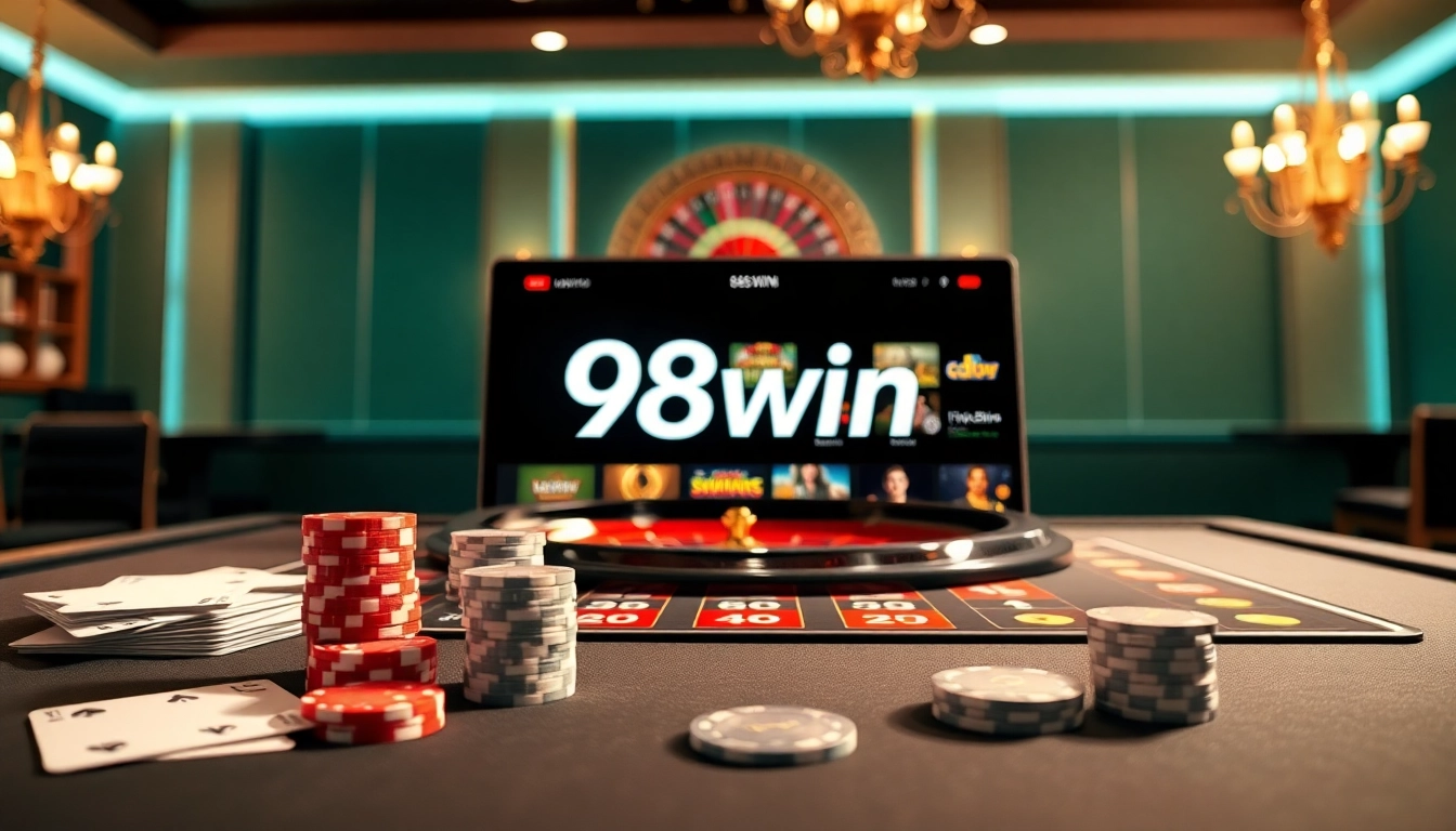 A luxurious online gambling scene at 98win com featuring vibrant casino elements and high stakes gameplay.