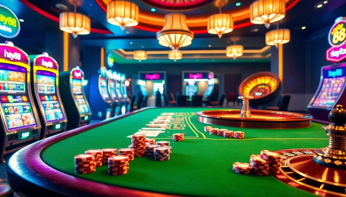 Action-packed poker game at hay88 casino, showcasing vibrant chips and a luxurious setting.