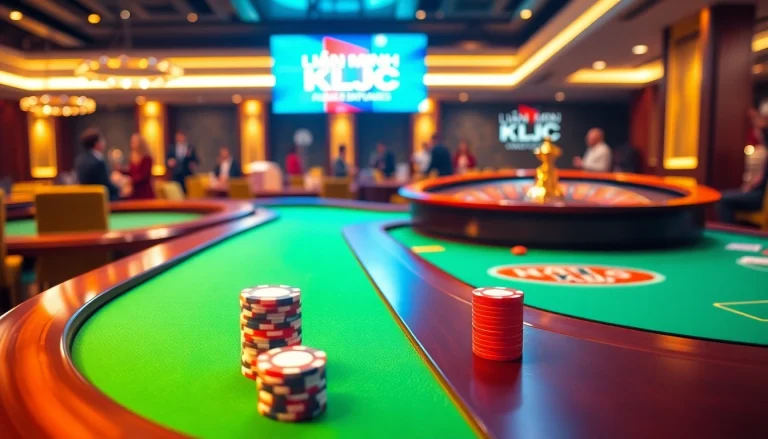 Experience the excitement of LIÊN MINH KJC at a luxurious casino table with vibrant poker chips.