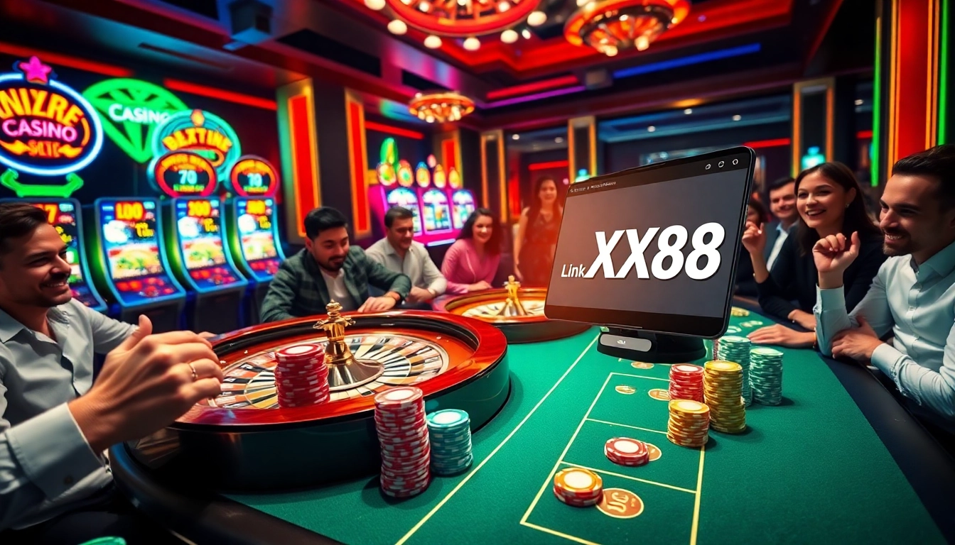 Exciting casino scene with players betting at the table and showcasing the link xx88 for online gambling experiences.