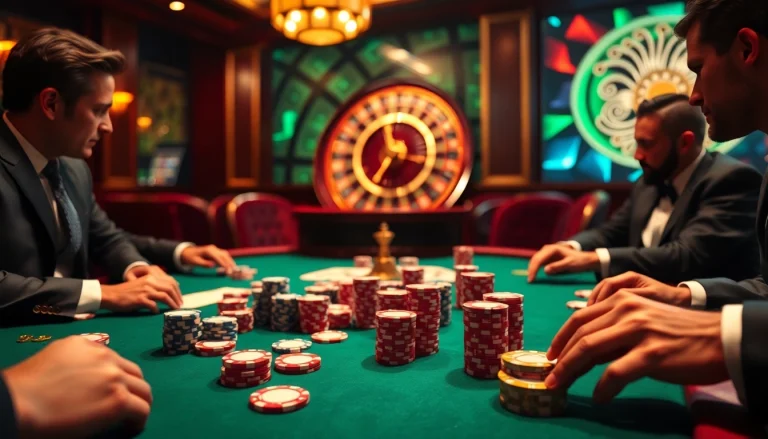High-stakes poker action at Nhà Cái BJ888 with players, chips, and a roulette wheel in luxury.