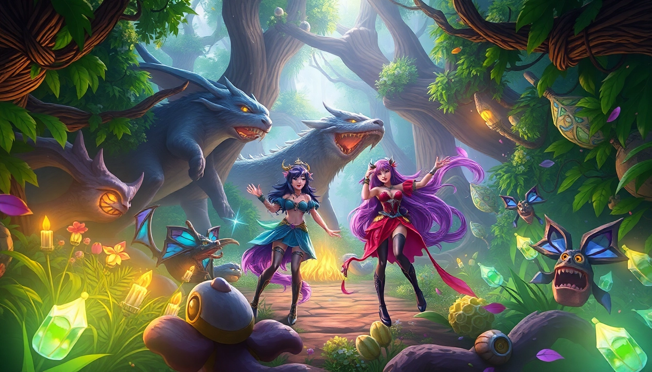 Vibrant fantasy scene from a porn game featuring mythical characters and a lush forest setting.
