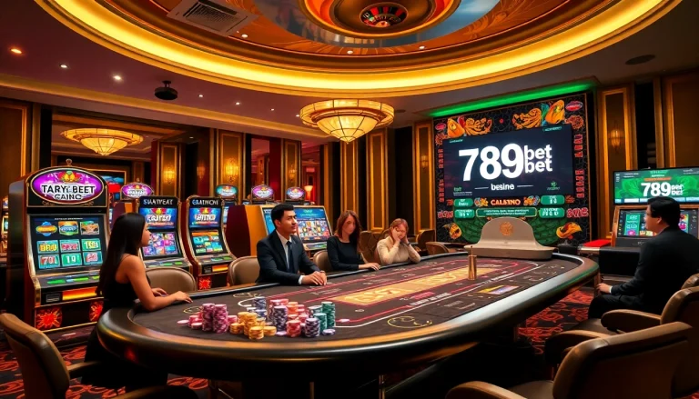 A vibrant poker table and slot machines showcasing the exciting world of 789 bet gambling.
