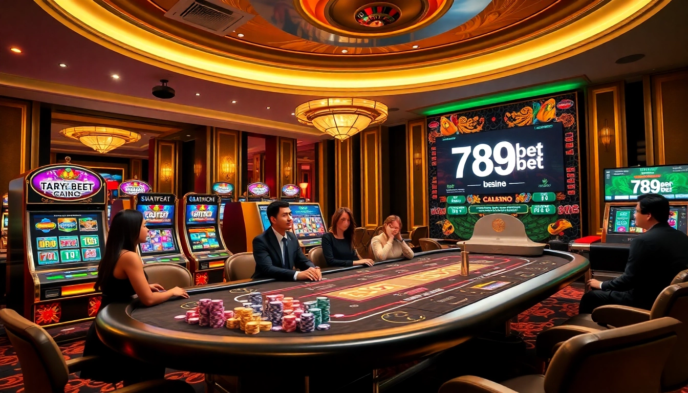 A vibrant poker table and slot machines showcasing the exciting world of 789 bet gambling.