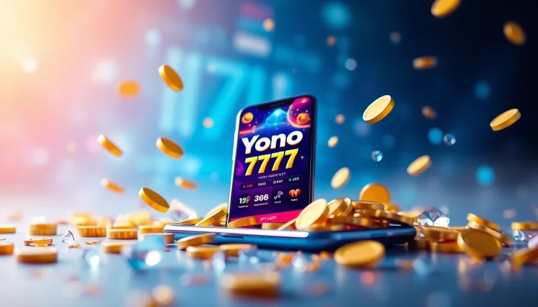 Vibrant scene showcasing the Yono 777 app on a smartphone with digital rewards.