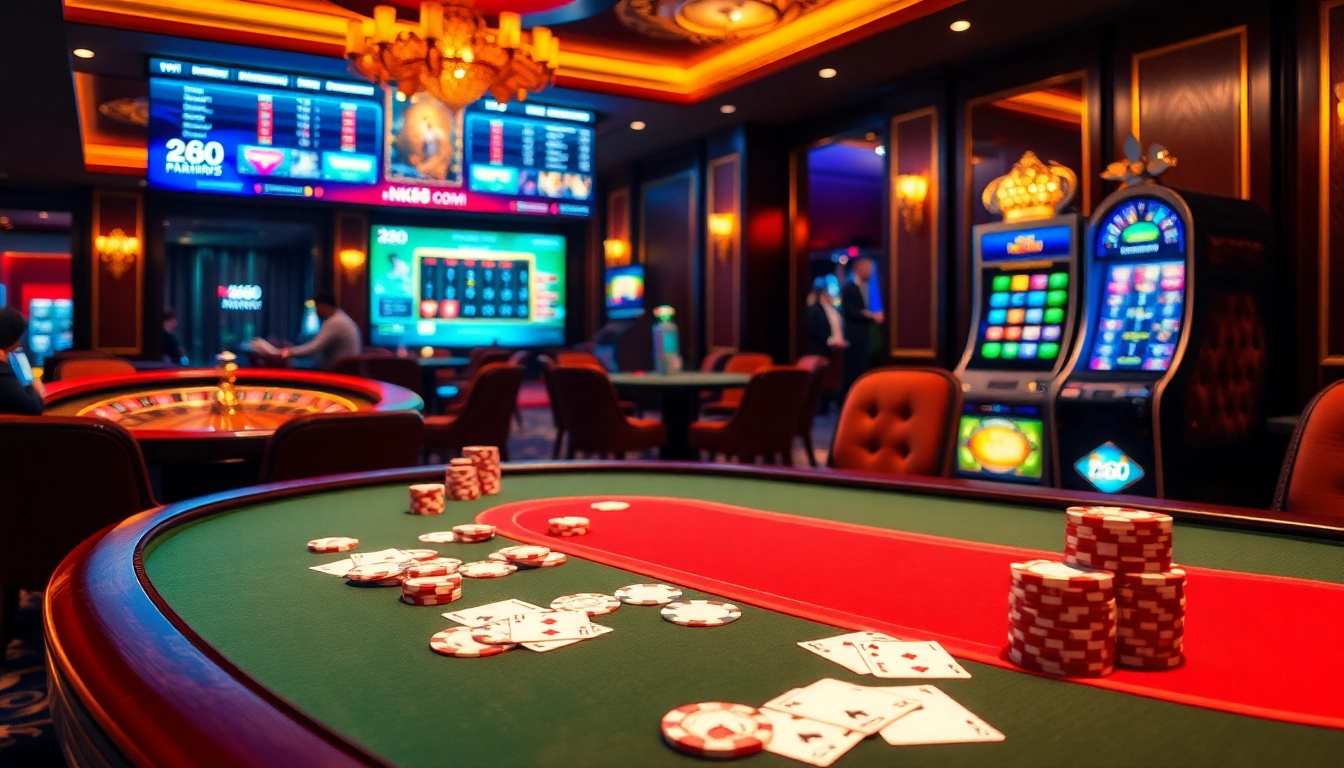 Players enjoying various games at nk88.com in a vibrant casino atmosphere, showcasing poker, roulette, and slots.