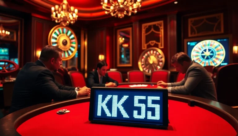 Players engaged in high-stakes poker at a luxurious casino featuring the keyword KK55 prominently displayed.