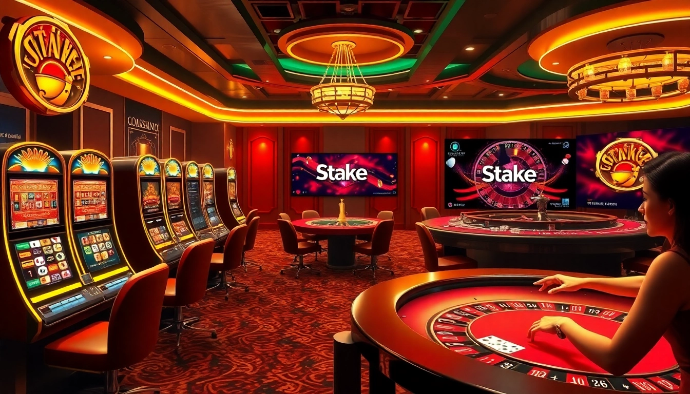 שחקנים נלהבים בקזינו Stake היוקרתי, נהנים ממכונות חריץ צבעוניות ומשחק מהנה ומלהיב.