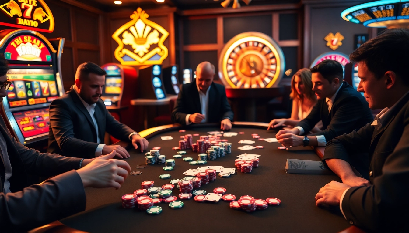 Engaged players enjoy a thrilling poker game at a luxurious casino table, featuring rikvip elements.