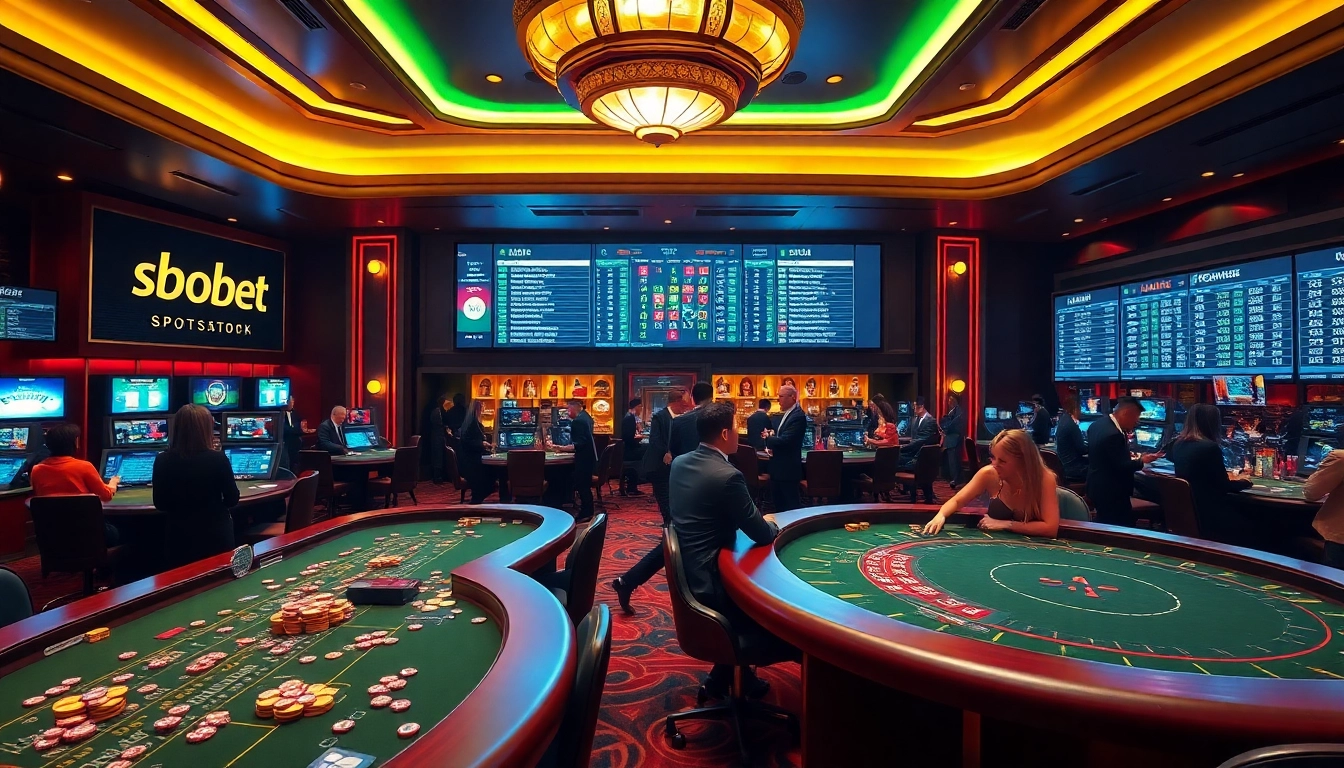SBOBET betting experience with gamblers at a luxurious casino sportsbook setup.