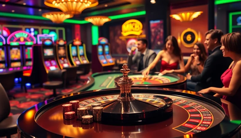 Experience MK8's exciting online casino action with vibrant poker chips and roulette gameplay.