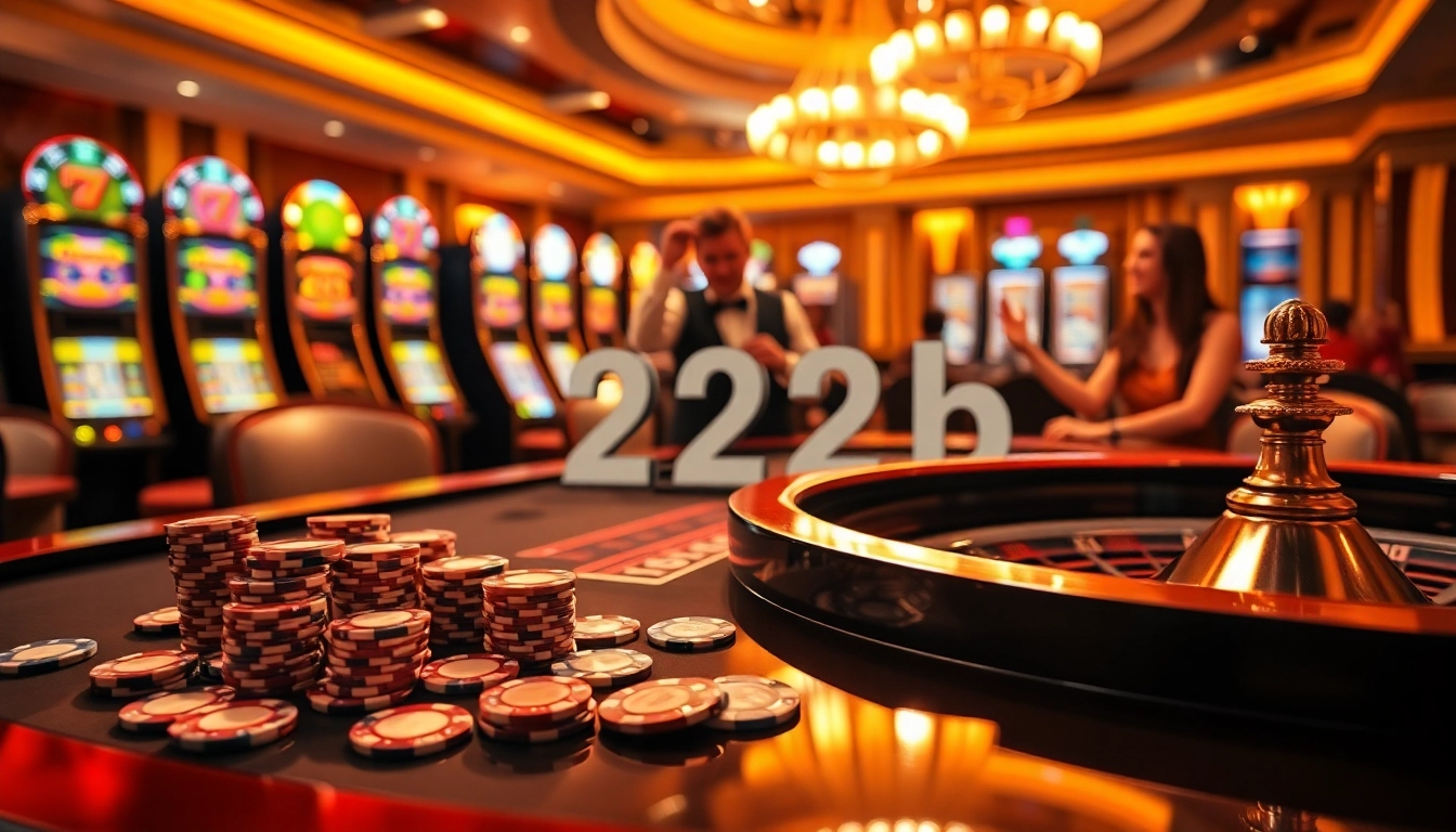 Engaging in high-stakes poker at 222bd casino with vibrant roulette and slot machines.