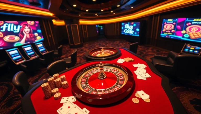 The excitement of online gambling with fly88 code showcased on a luxurious casino table filled with chips and cards.