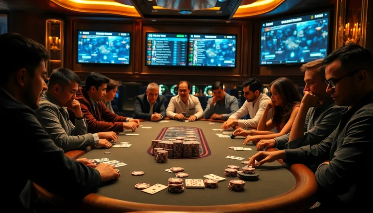 Engaged players enjoying a hand at the ClubGG poker club amidst a vibrant casino atmosphere.