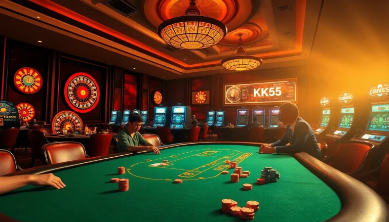 Engage in high-stakes poker at KK55 casino with vibrant gaming tables and luxury decor.