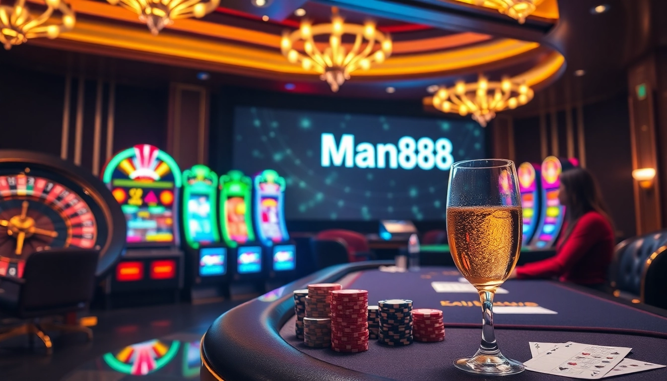 Experience the thrill of gambling at Man88 with a luxurious casino scene featuring roulette and poker.