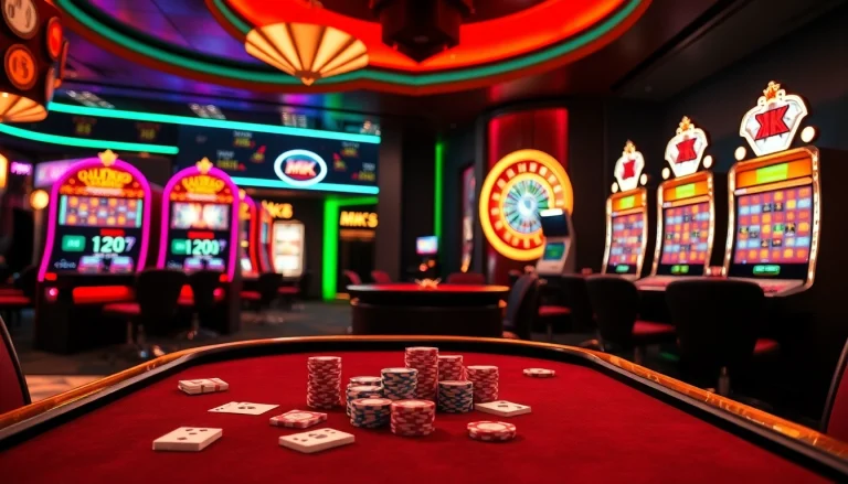Experience the excitement of MK8 online betting with vibrant casino visuals featuring poker chips and slot machines.
