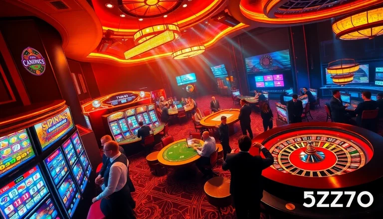 Experience the thrill of gambling with 5Z777 at luxury casino tables, vibrant slot machines, and betting slips.