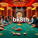 Players engaging in an exciting casino game at bk8th, featuring vibrant poker chips and a roulette wheel.