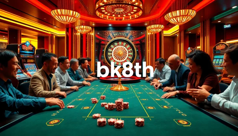 Players engaging in an exciting casino game at bk8th, featuring vibrant poker chips and a roulette wheel.