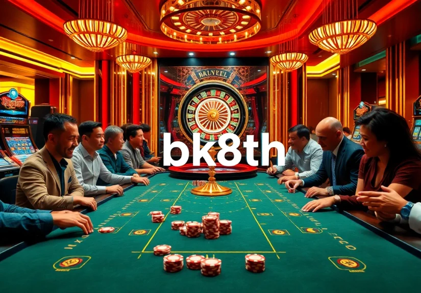 Players engaging in an exciting casino game at bk8th, featuring vibrant poker chips and a roulette wheel.
