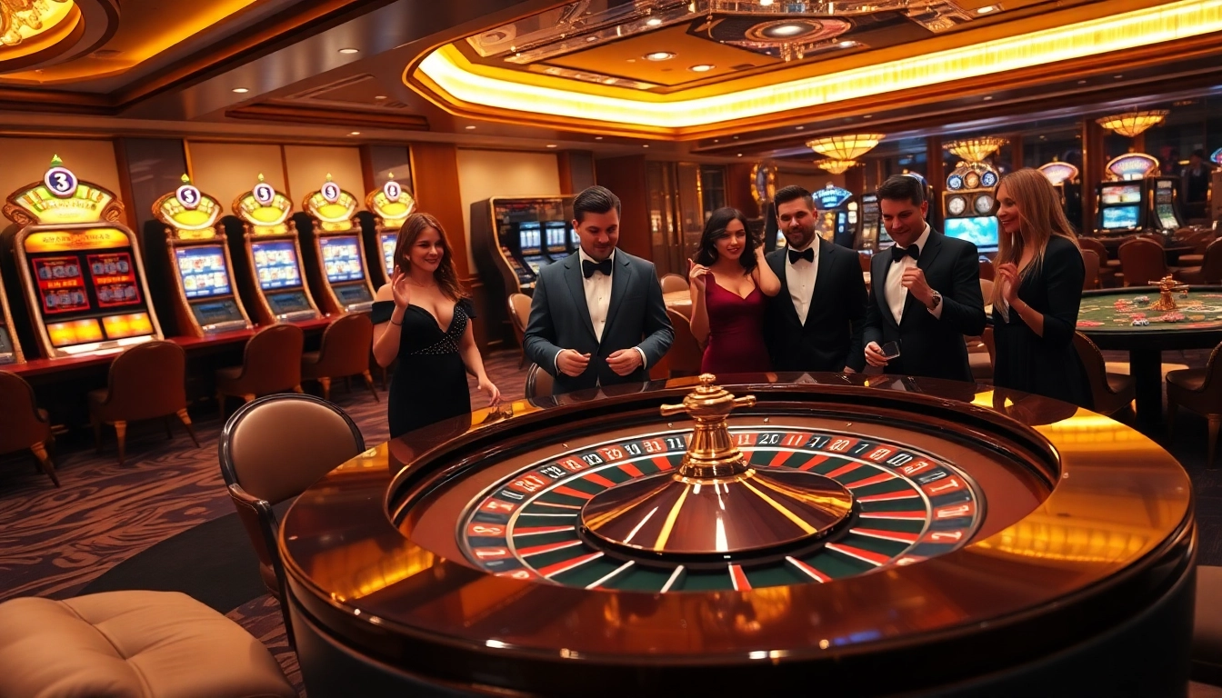 Experience the thrill of BK8 สล็อต at a luxurious casino setting, featuring vibrant slot machines and glamorous players.