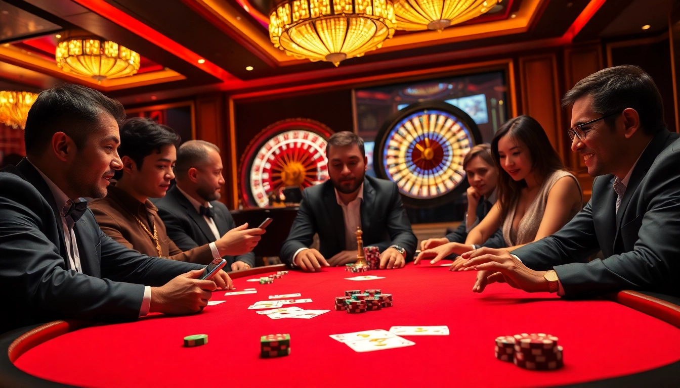 Players enjoying a thrilling Sunwin gaming experience at a vibrant casino table.