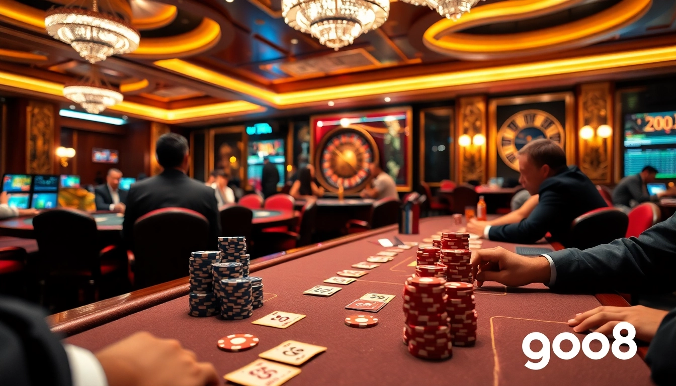 Experience thrill at the go8 casino tables featuring vibrant chips and strategic gameplay.