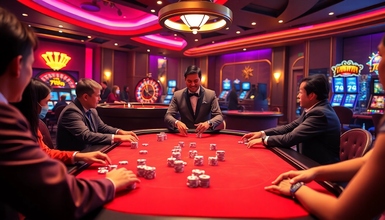 A vibrant casino scene featuring poker, roulette, and slot machines at 789WIN, conveying excitement and luxury.