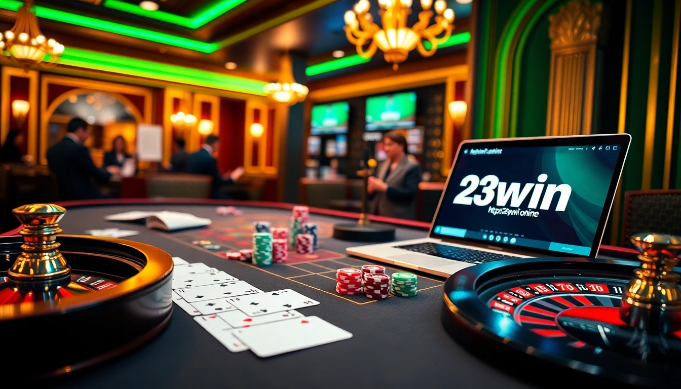 Experience thrilling gaming action at https://23wini.online with poker chips and a roulette wheel in a luxury casino setting.