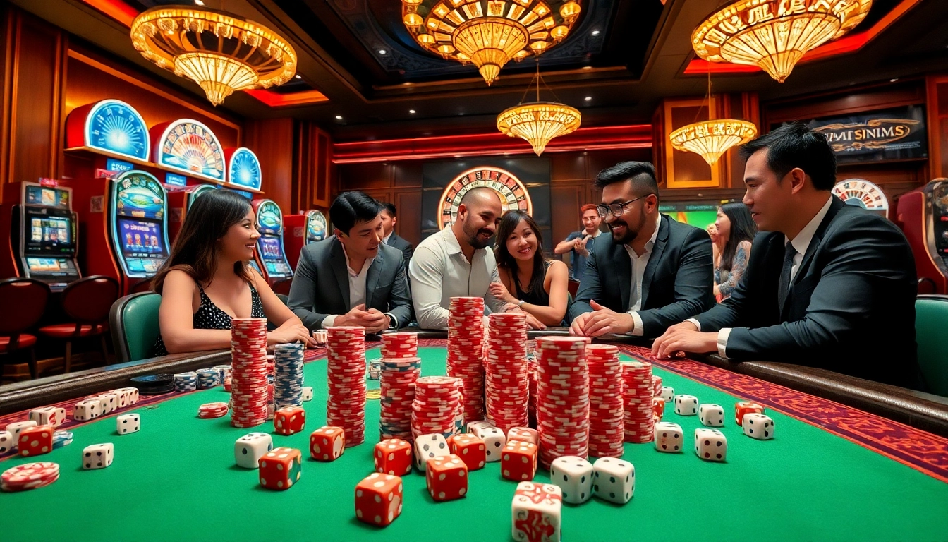 Players enjoying the excitement of tài xỉu at a luxurious casino table, highlighting betting strategy.