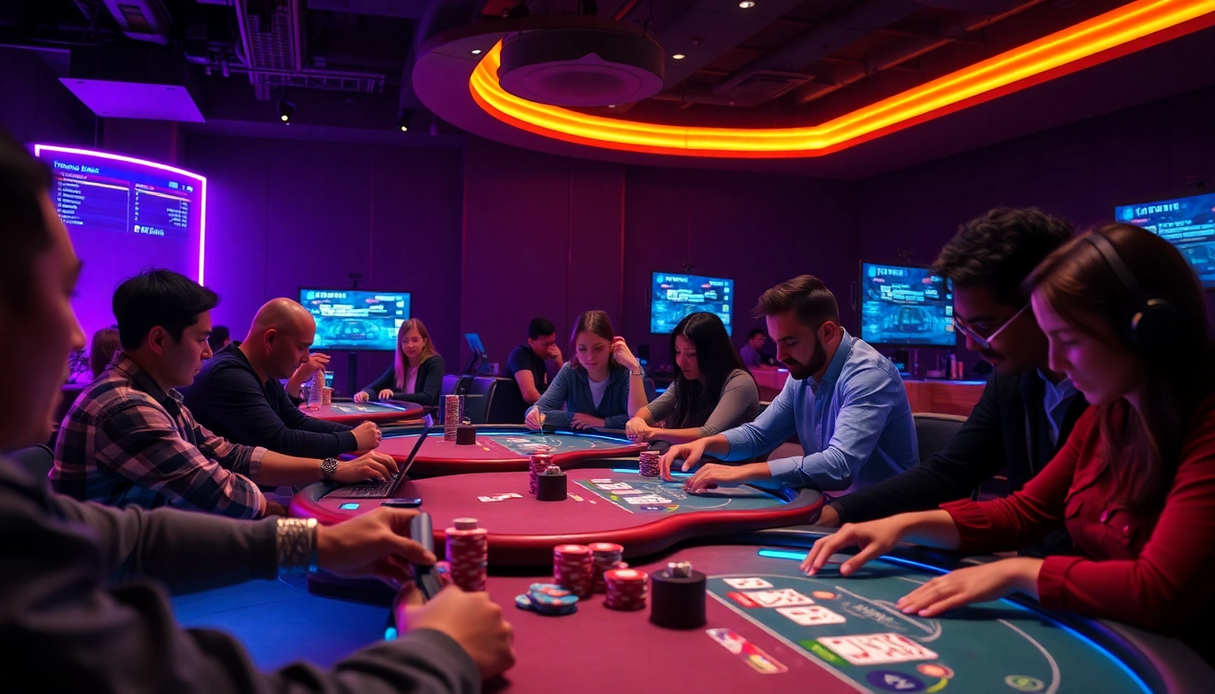 סצנת משחק פוקר אונליין דינמית המייצגת את 7xl סוכן עם שחקנים מגוונים ואווירה תוססת.