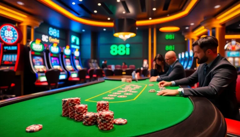 Players strategizing at a poker table in a luxurious casino setting showcasing 88i.
